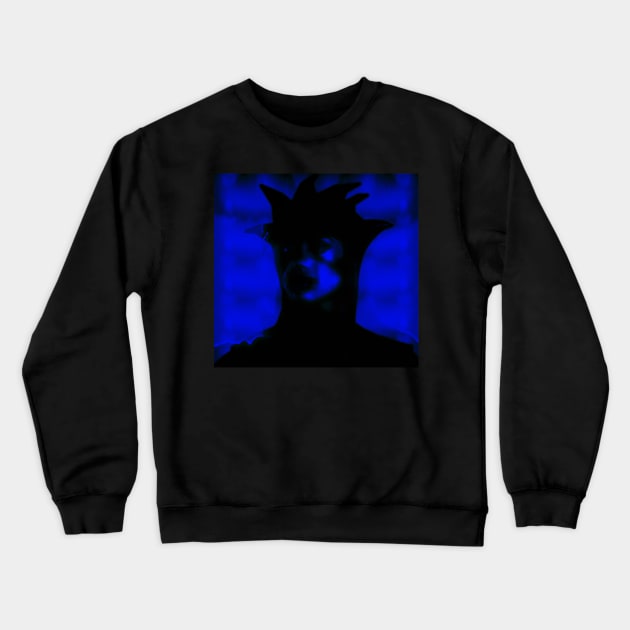 Beautiful girl in strange dark suit, with face mask. Blue, black. Dark. Crewneck Sweatshirt by 234TeeUser234